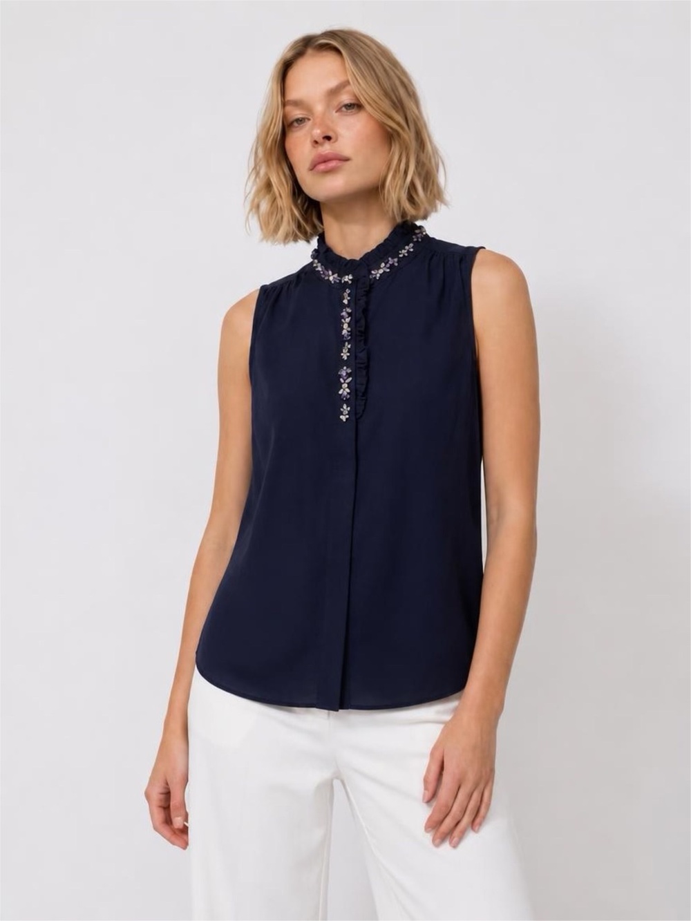 J. Crew Navy Sleeveless Mock-Neck Embroidered Camisole